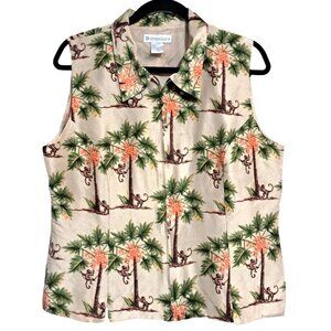 Whimsical Vintage Dressbarn Monkey Palm Tree Print Sleeveless Zip Top Sz XL Silk